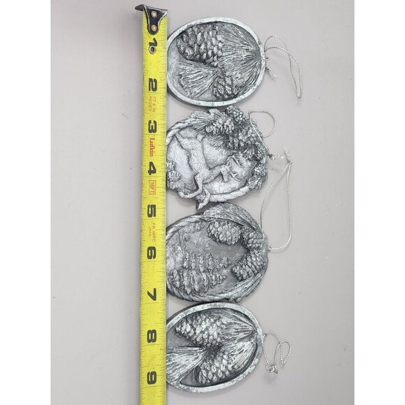 Set Of 4‎ Silver Tone Christmas Holiday Ornaments With Pinecones & Deer Design - Picture 7 of 8
